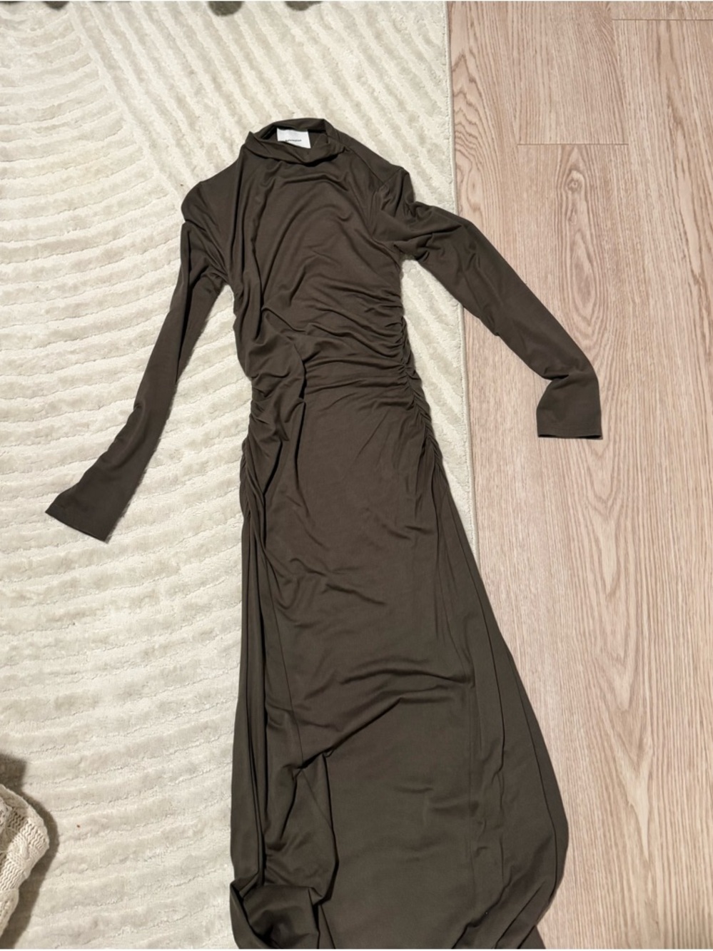 Reformation Long Sleeve Ruched Maxi Dress in Dark Olive